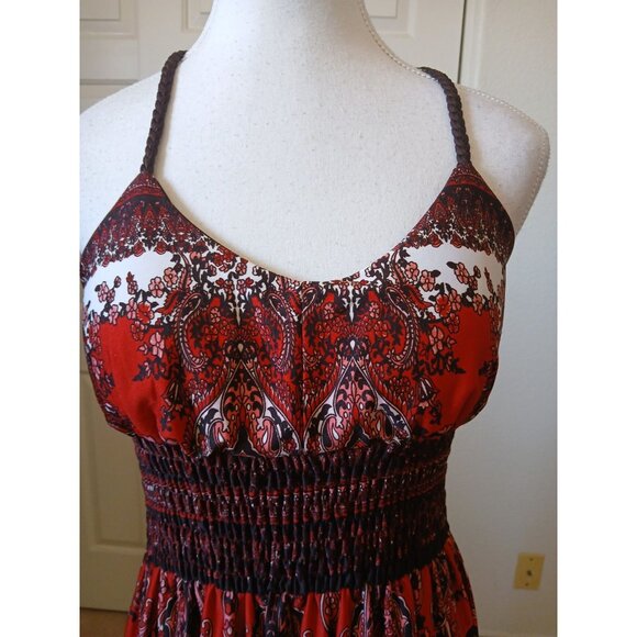 Takara Womens Maxi Dress Brown Red Paisley Print Sleeveless Ruched Medium Boho - Picture 4 of 12
